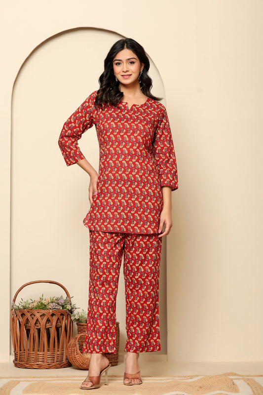 Red Printed Cotton Coord Set