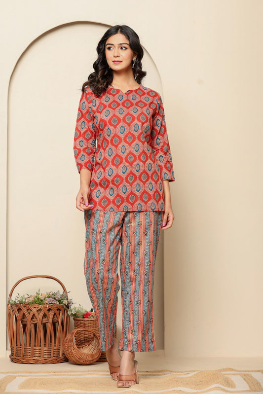 Red Printed Cotton Coord Set