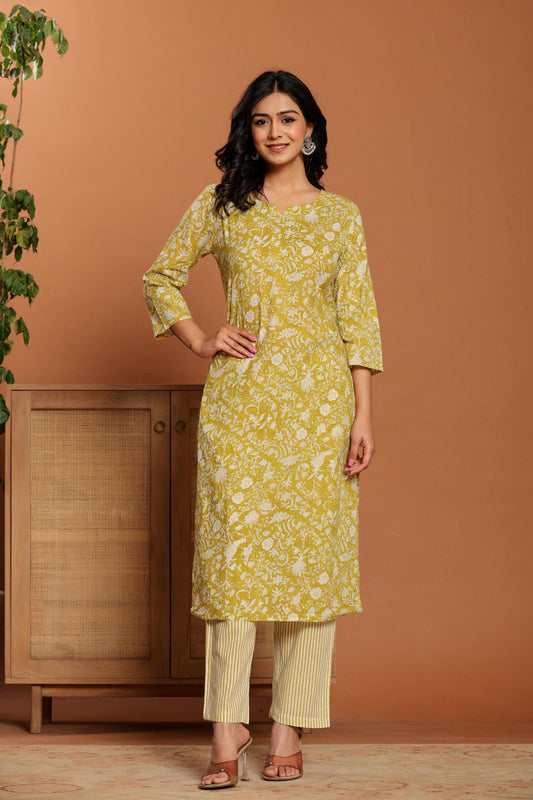 Green Printed Cotton Kurta Set