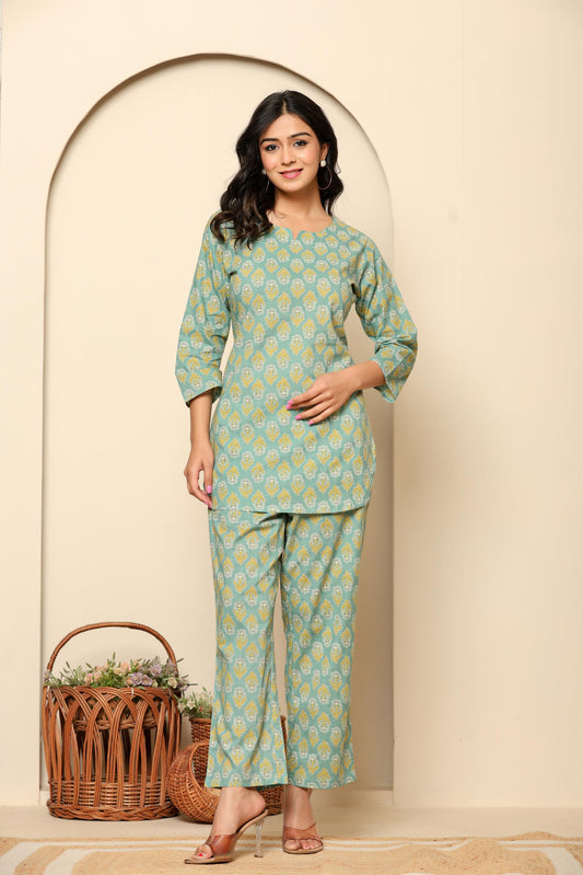 Green Printed Cotton Coord Set