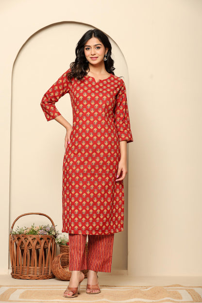 Red Printed Cotton Kurta Set