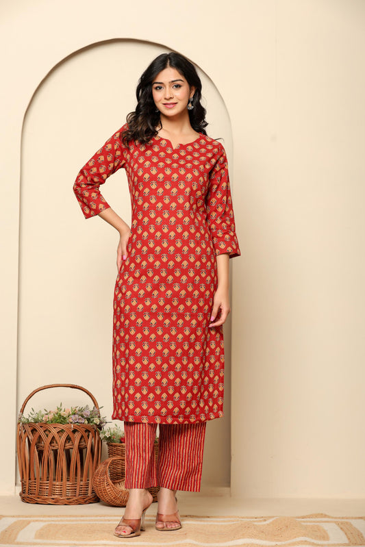 Red Printed Cotton Kurta Set