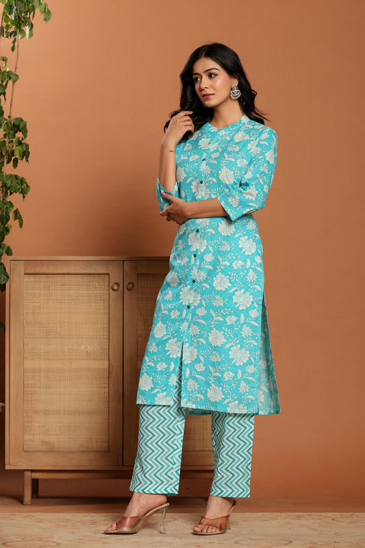Blue Printed Cotton Kurta Set