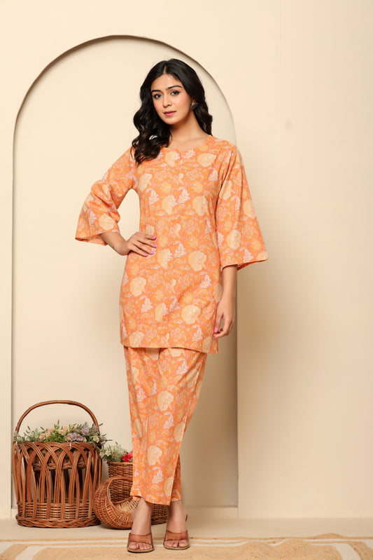 Peach Printed Cotton Coord Set