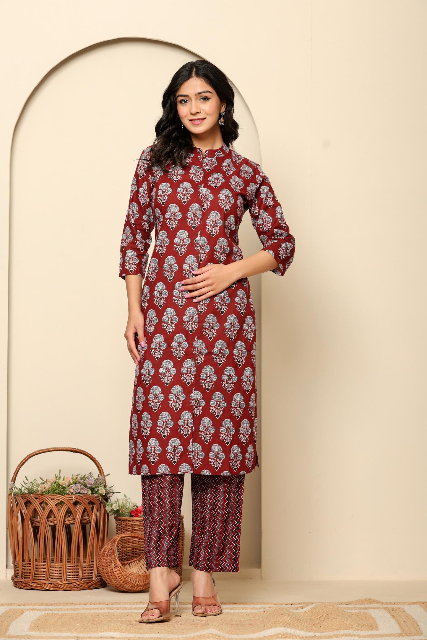 Maroon Printed Cotton Kurta Set