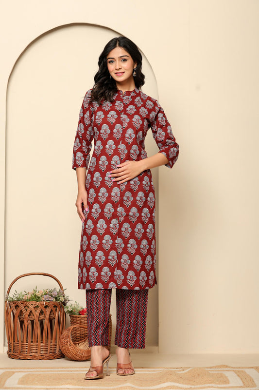 Maroon Printed Cotton Kurta Set