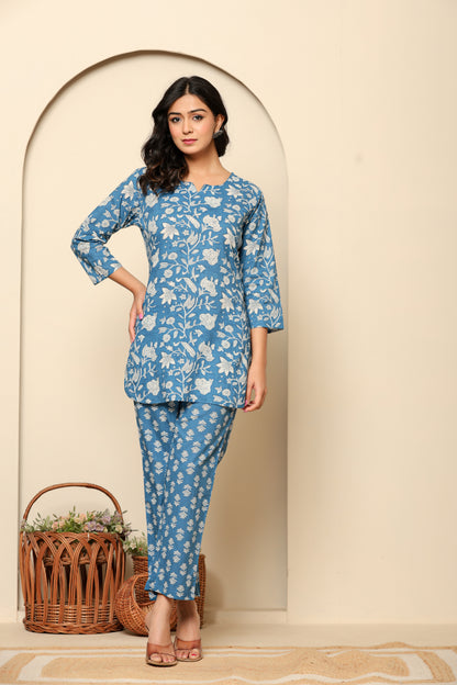 Blue Printed Cotton Coord Set