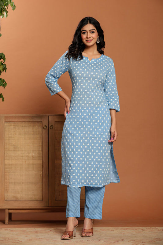 Sky Blue Printed Cotton Kurta Set
