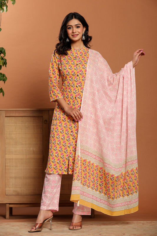 Yellow Printed Cotton Kurta Set