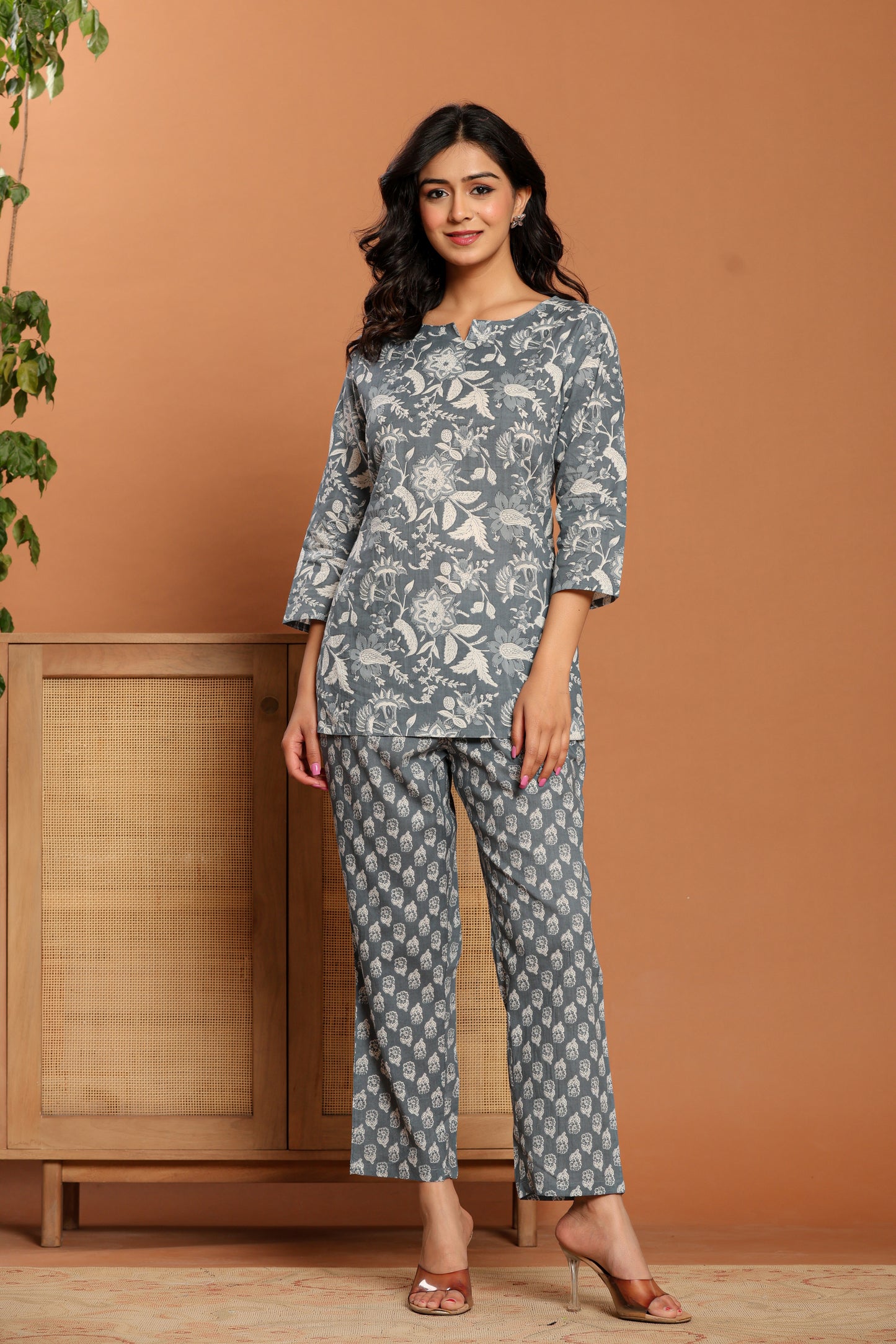 Grey Printed Cotton Coord Set