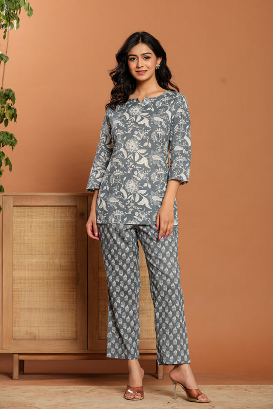 Grey Printed Cotton Coord Set