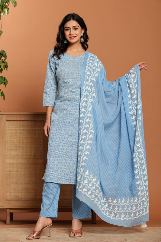 Sky Blue Printed Cotton Kurta Set