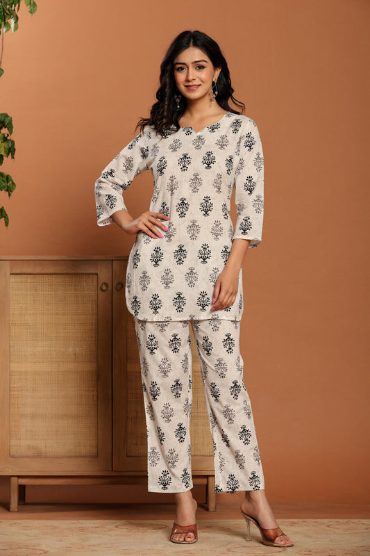 White Printed Cotton Coord Set