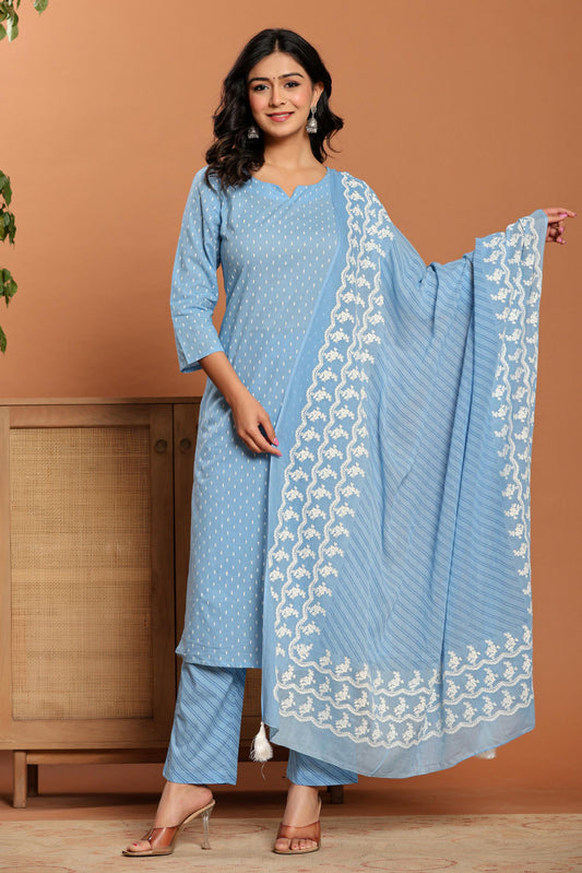 Sky Blue Printed Cotton Kurta Set