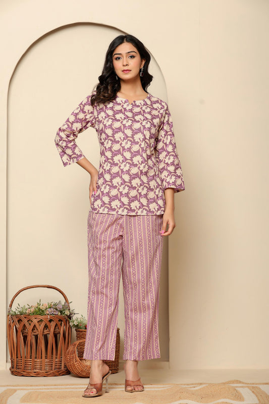 Purple Printed Cotton Coord Set
