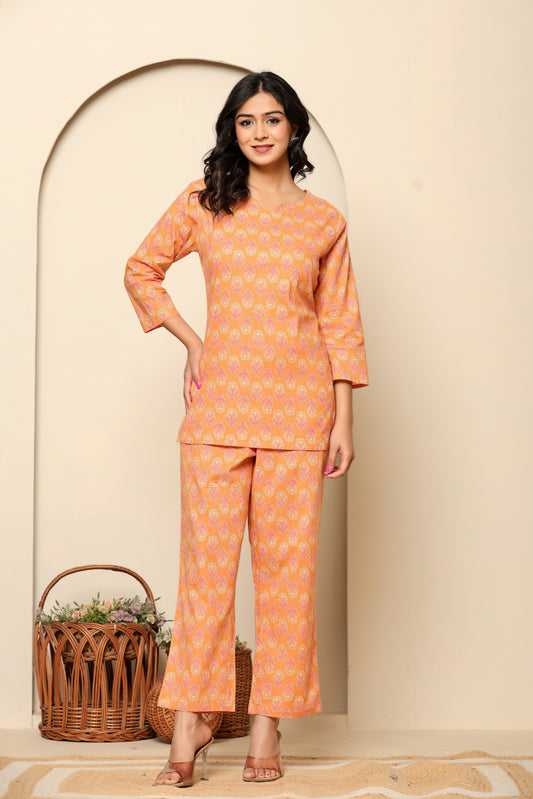 Peach Printed Cotton Coord Set