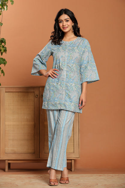 Blue Printed Cotton Coord Set