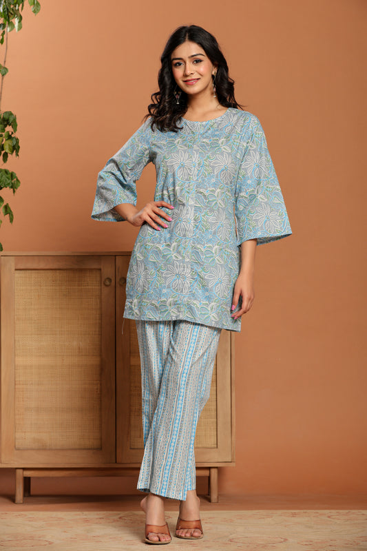 Blue Printed Cotton Coord Set