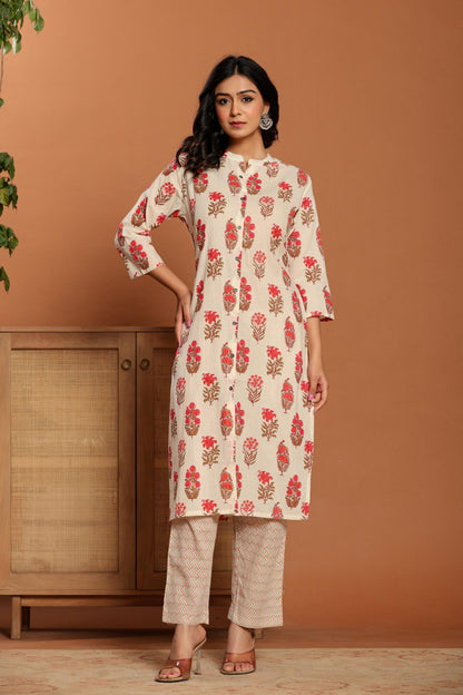 White Printed Cotton Kurta Set