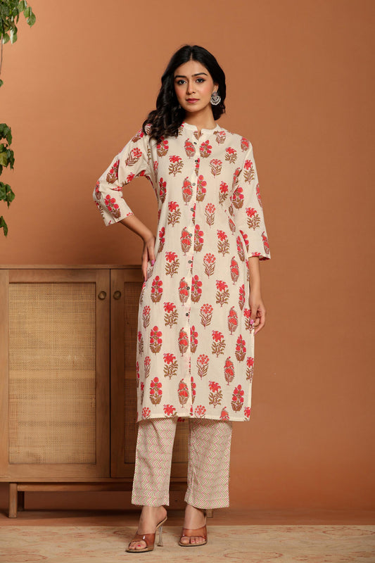 White Printed Cotton Kurta Set