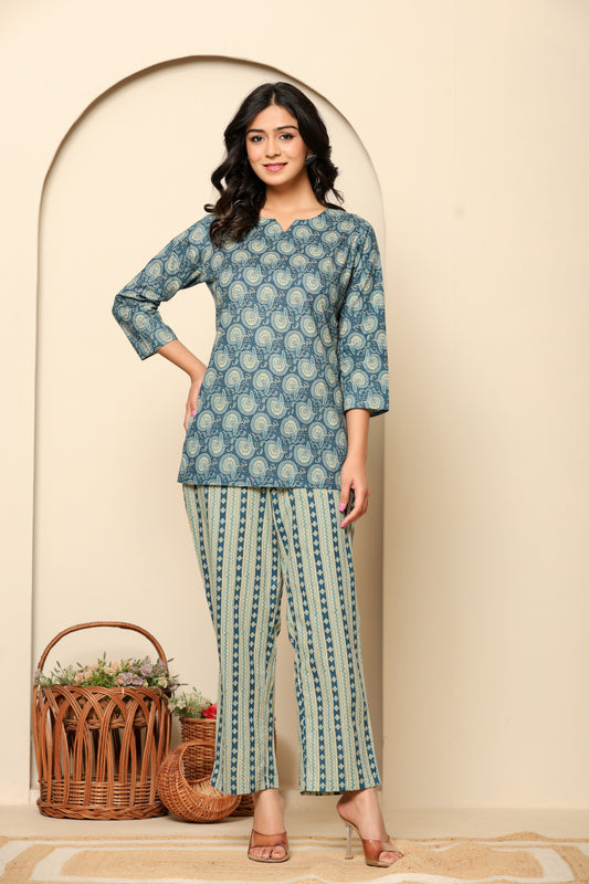 Blue Printed Cotton Coord Set