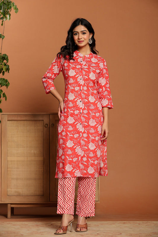 Pink Printed Cotton Kurta Set