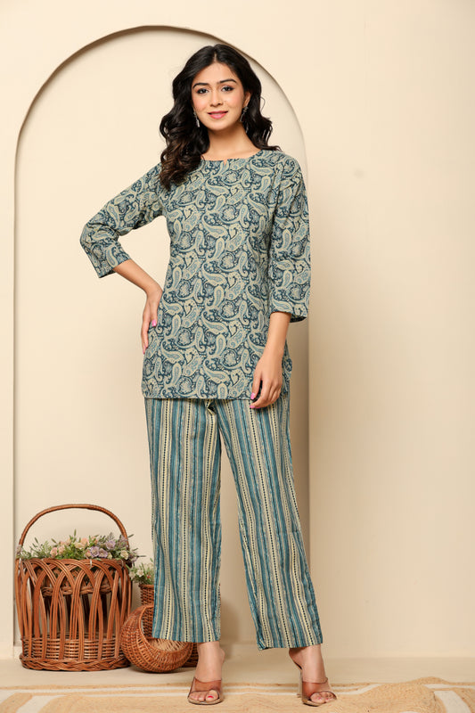 Blue Printed Cotton Coord Set