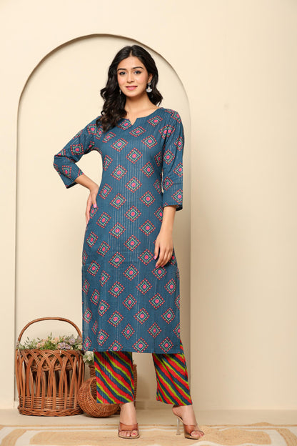 Navy Blue Printed Cotton Kurta Set