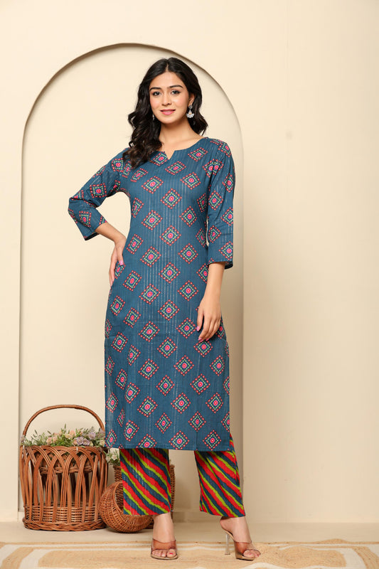Navy Blue Printed Cotton Kurta Set