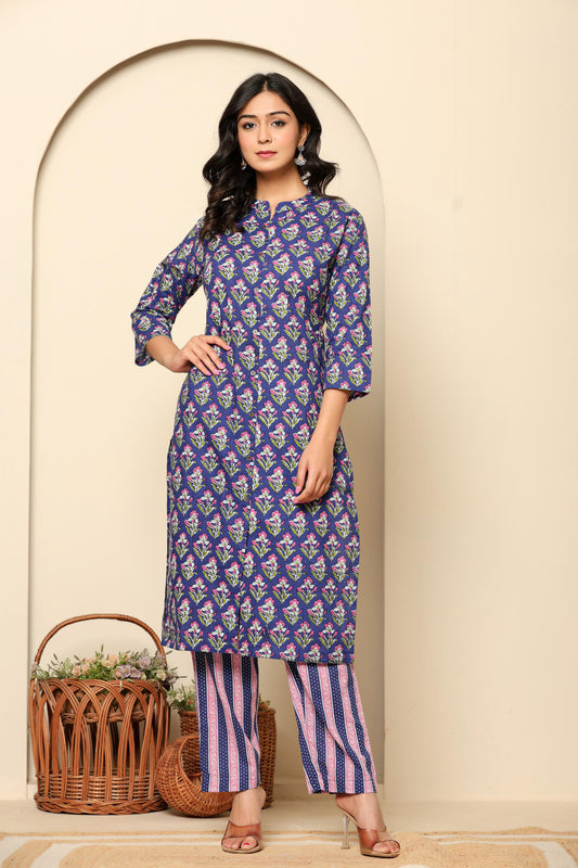 Purple Printed Cotton Kurta Set