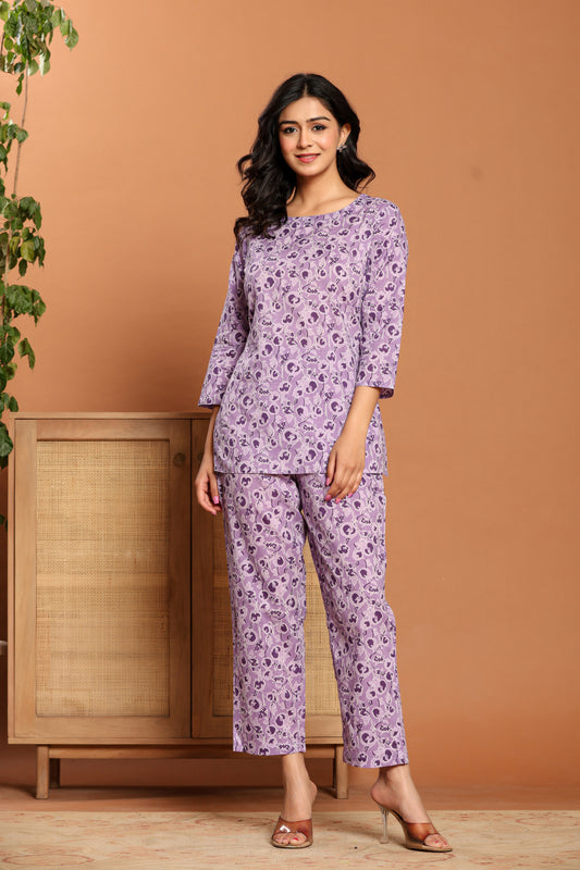 Purple Printed Cotton Coord Set
