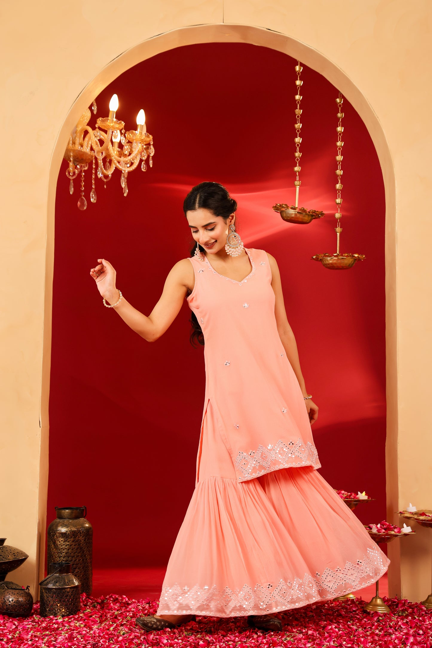Ragavi Peach Whisper Chinon Sharara Set