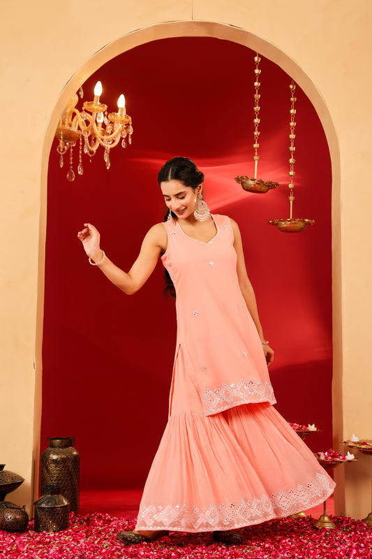 Ragavi Peach Whisper Chinon Sharara Set
