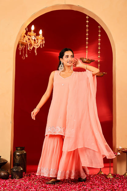 Ragavi Peach Whisper Chinon Sharara Set