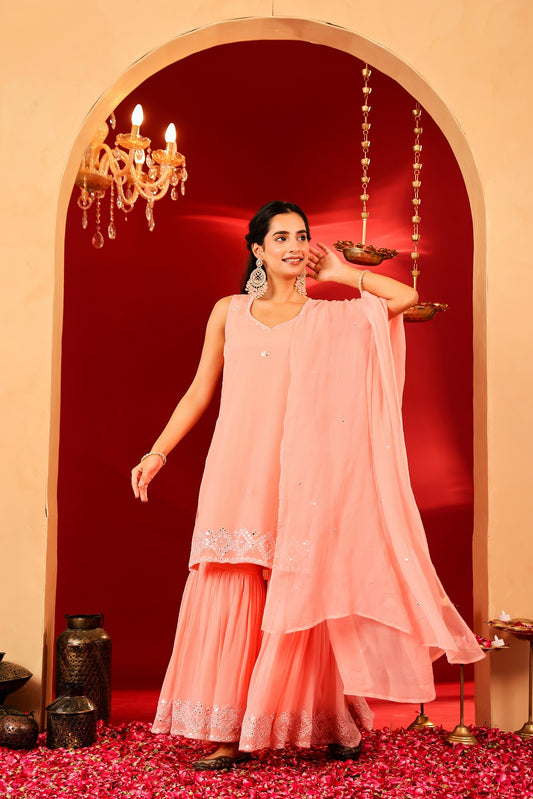 Ragavi Peach Whisper Chinon Sharara Set