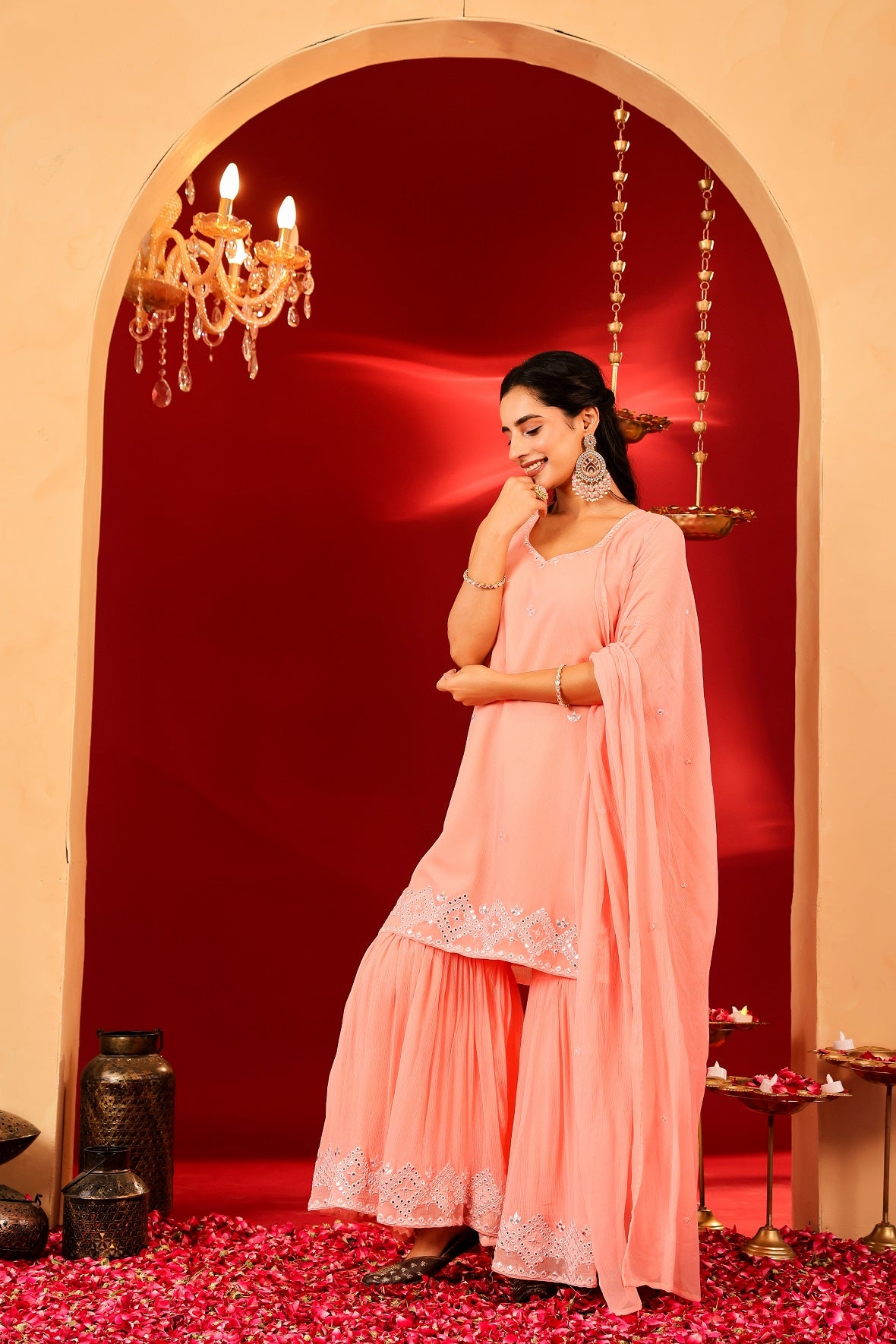 Ragavi Peach Whisper Chinon Sharara Set