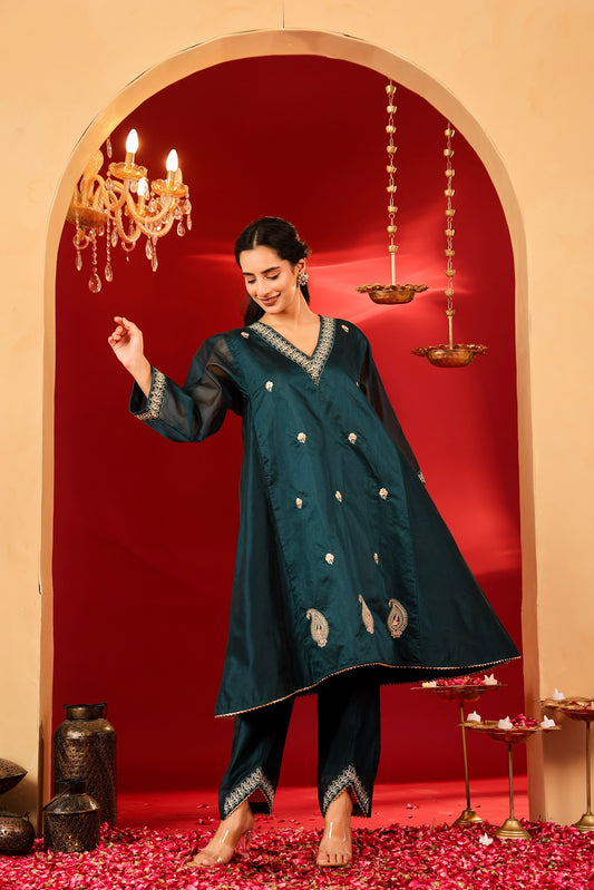 Ragavi Dark Teal Chanderi Kurta Set