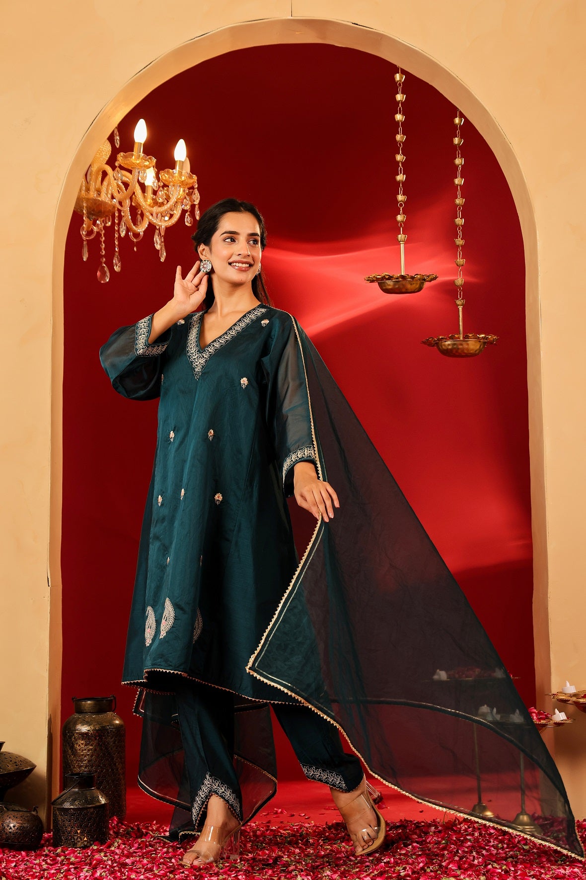 Ragavi Dark Teal Chanderi Kurta Set