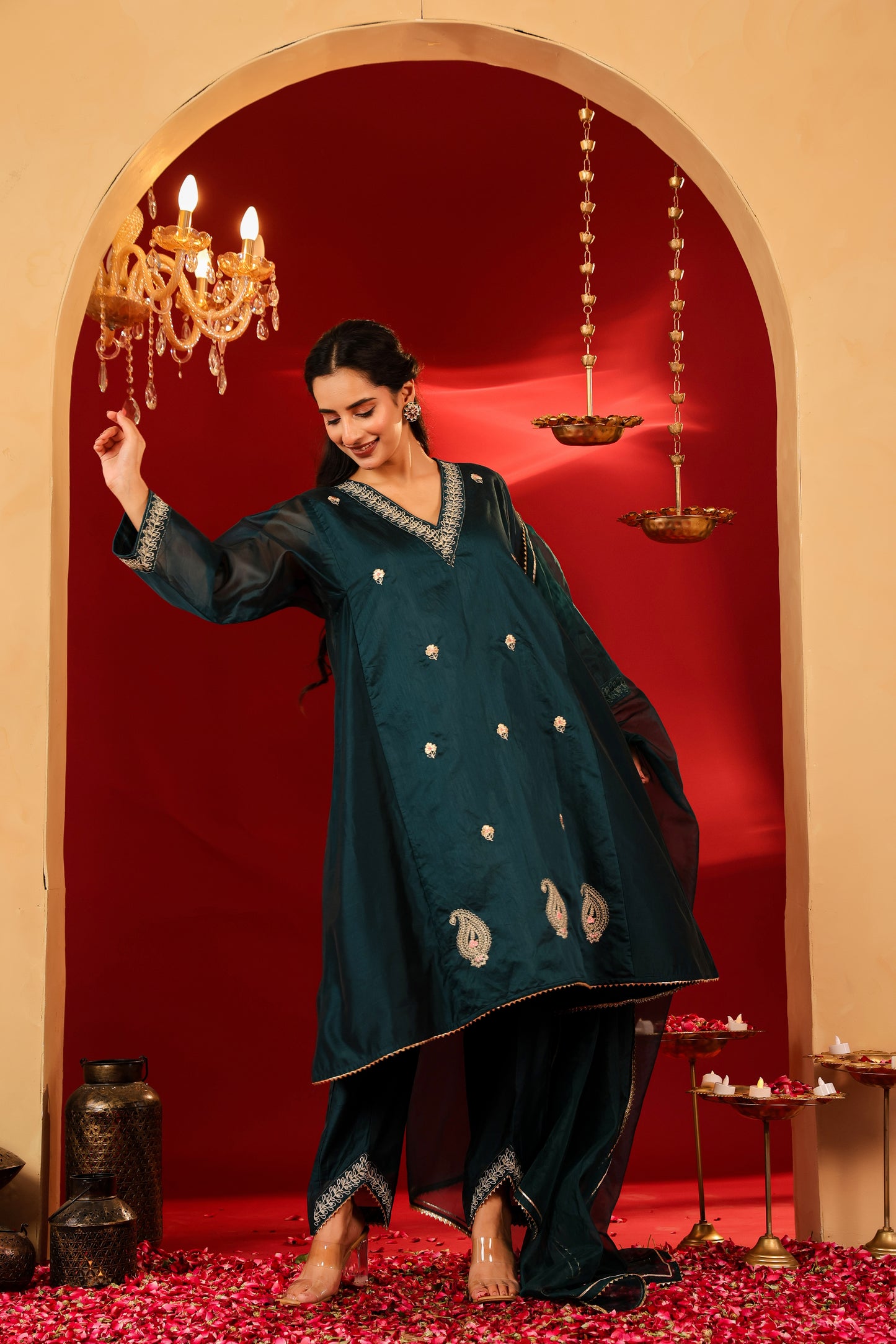 Ragavi Dark Teal Chanderi Kurta Set