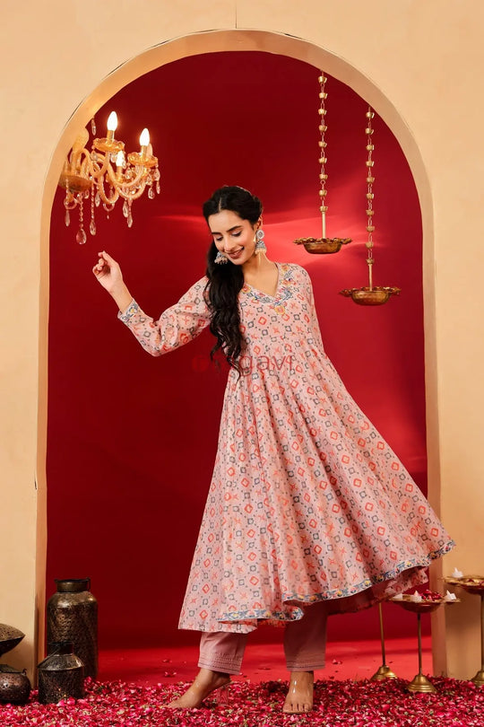 Ragavi Blush Pink Printed Chanderi Kurta Set - Ragavi