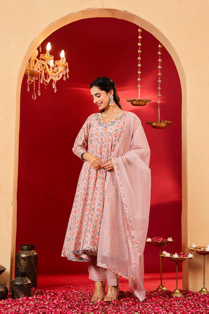 Ragavi Blush Pink Printed Chanderi Kurta Set