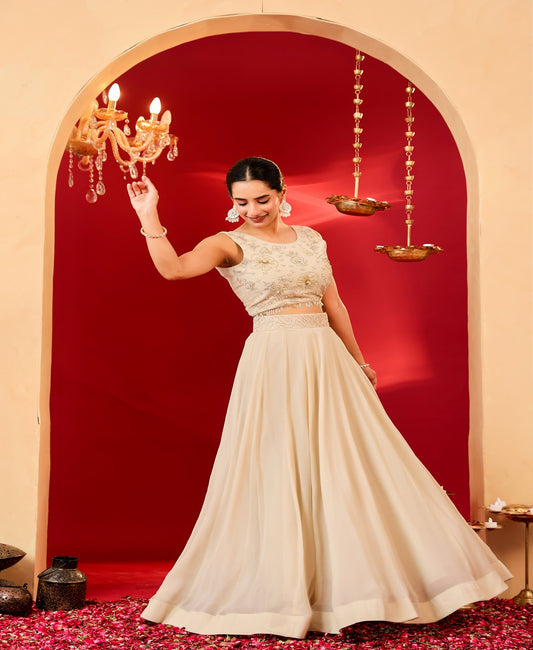 Ragavi Ethereal Glow Embroidered Beige Lehenga Set