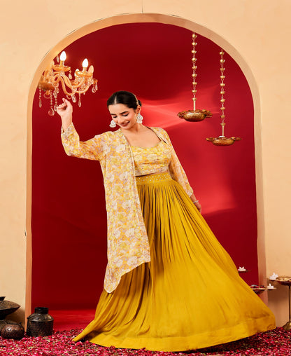 Ragavi Mustard Yellow Floral Chinon Lehenga Set with Printed Cape