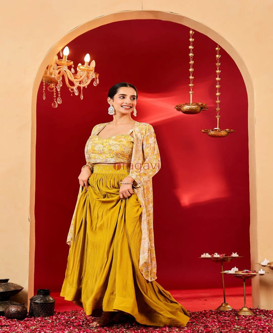 Ragavi Mustard Yellow Floral Chinon Lehenga Set with Printed Cape - Ragavi