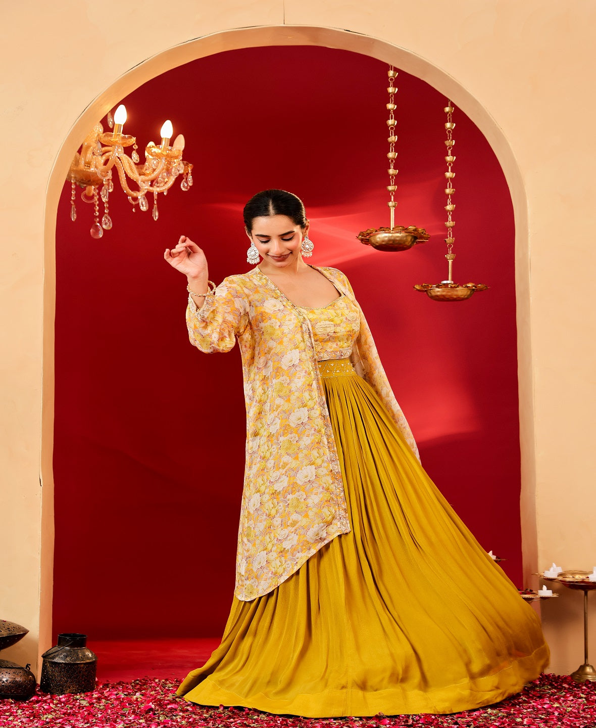 Ragavi Mustard Yellow Floral Chinon Lehenga Set with Printed Cape