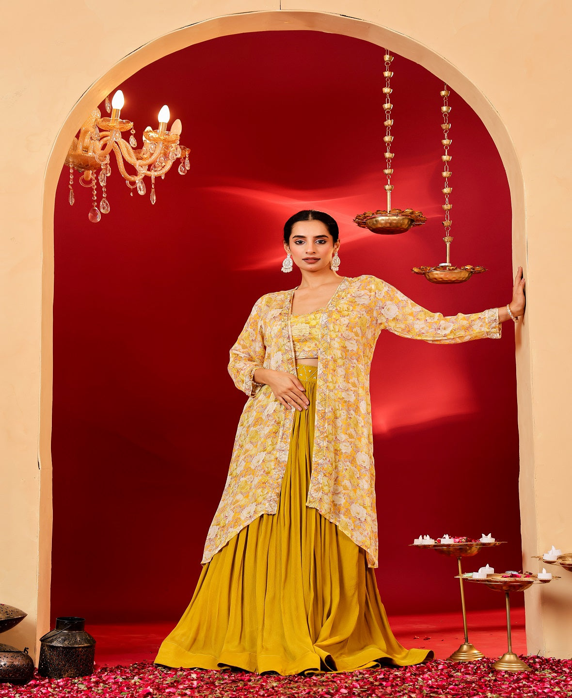 Ragavi Mustard Yellow Floral Chinon Lehenga Set with Printed Cape