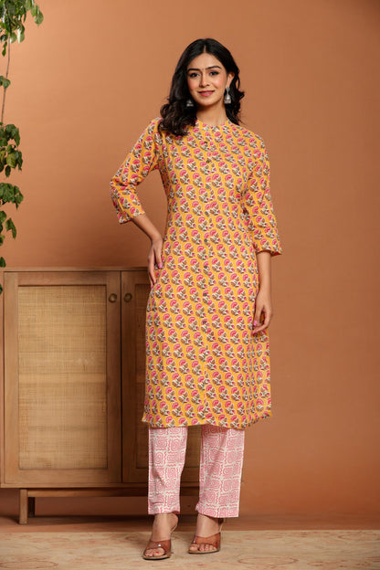 Yellow Printed Cotton Kurta Set