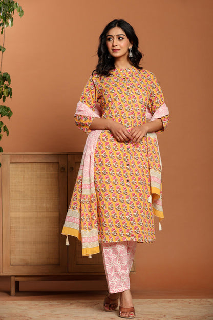 Yellow Printed Cotton Kurta Set
