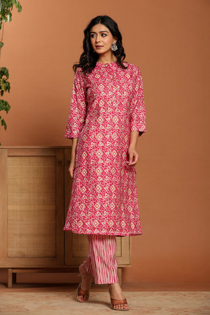 Pink Printed Rayon Kurta Set