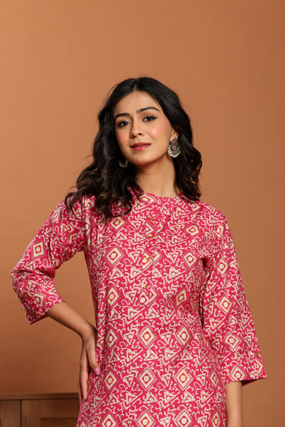 Pink Printed Rayon Kurta Set